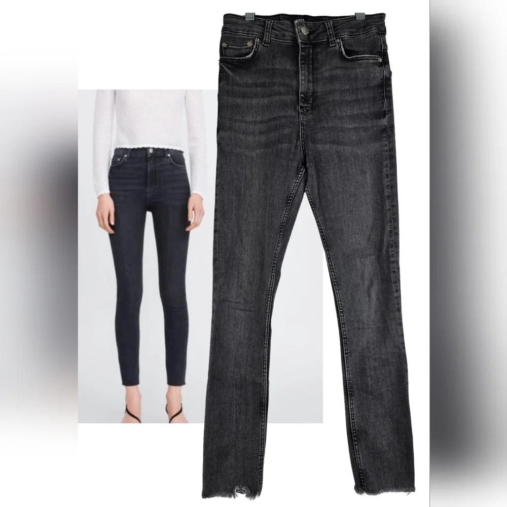 Zara The High Waist Skinny In Midnight Black Jeans Size 2 Raw Hem 1311-BV